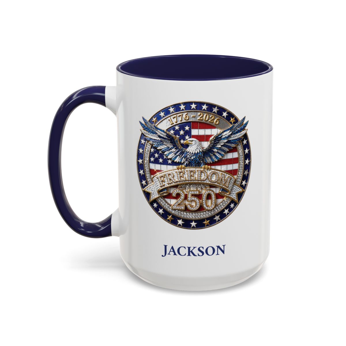 Personalized Freedom 250 navy accent mug 15oz left side view