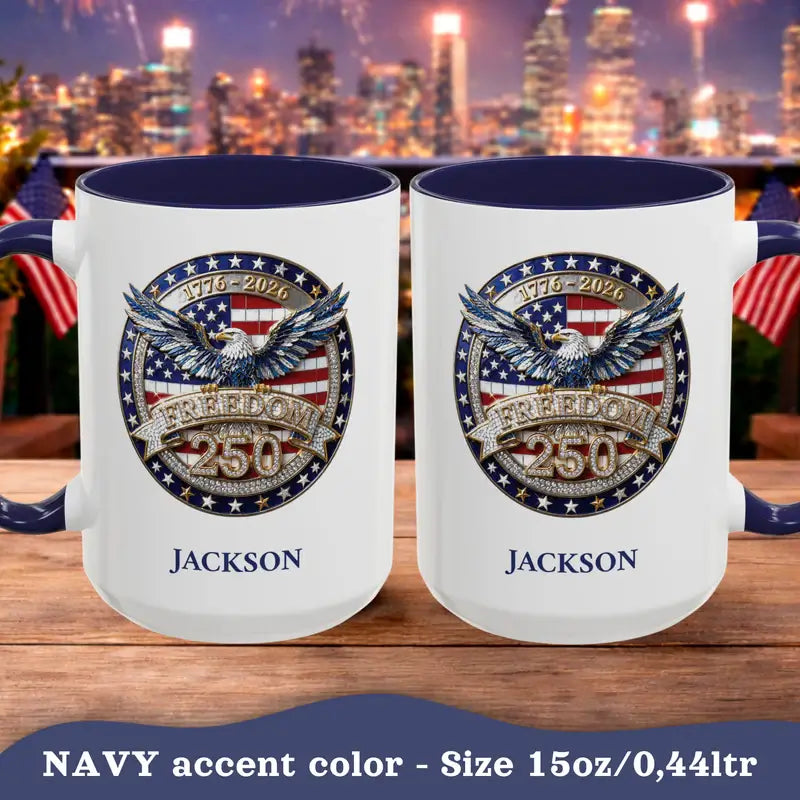 Personalized Freedom 250 patriotic mug lifestyle shot on desk