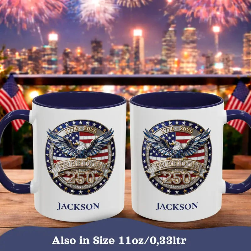 Personalized patriotic accent mug USA 250th anniversary lifestyle mockup