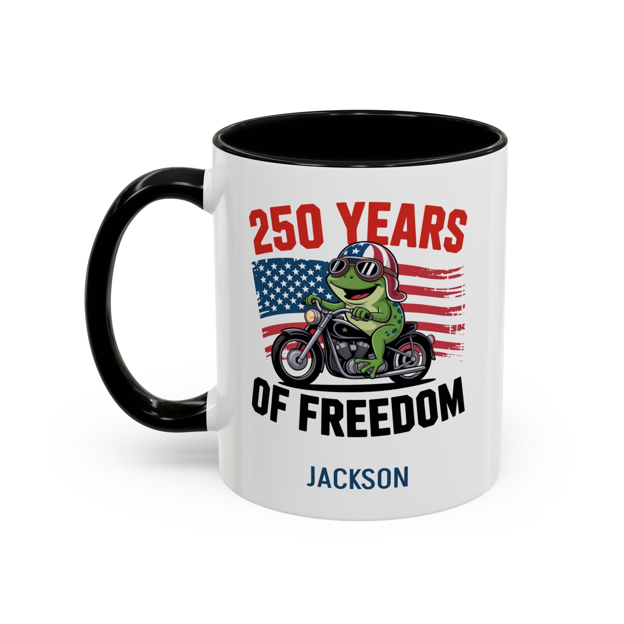 Personalized 250 Years of Freedom frog biker accent mug black 11oz right side view with custom name