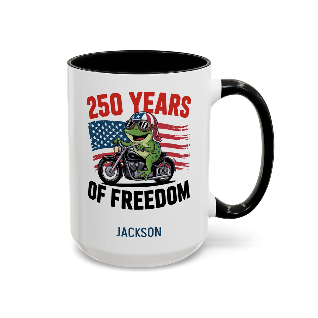 Personalized 250 Years of Freedom frog biker mug black accent 15oz right side view
