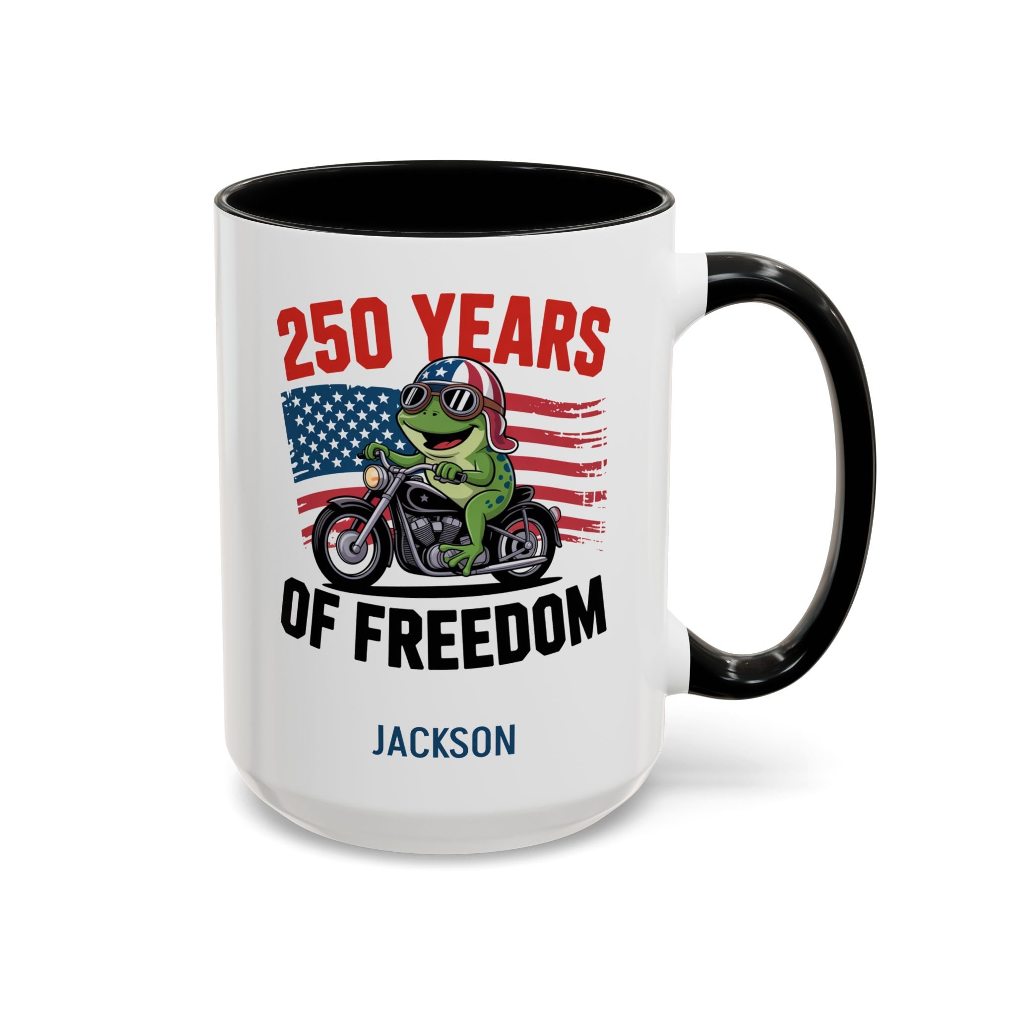 Personalized 250 Years of Freedom frog biker mug black accent 15oz right side view