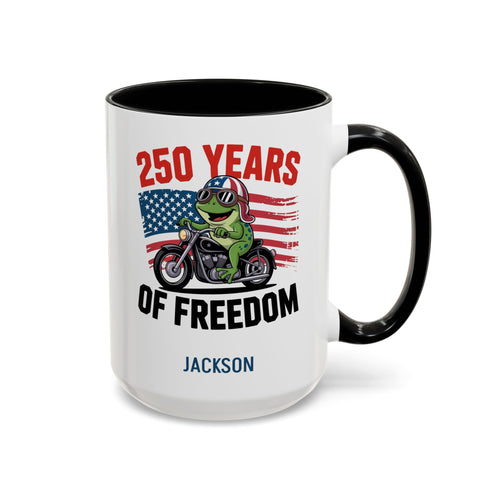 Personalized 250 Years of Freedom frog biker mug black accent 15oz right side view