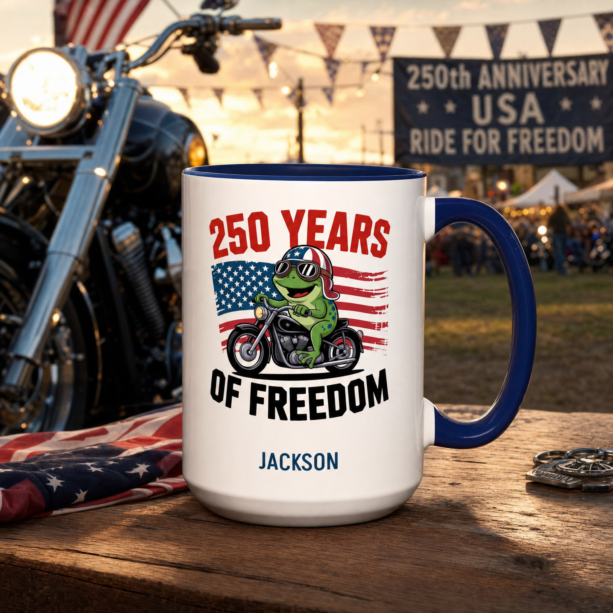 Personalized patriotic frog biker mug 250 years of freedom lifestyle mockup