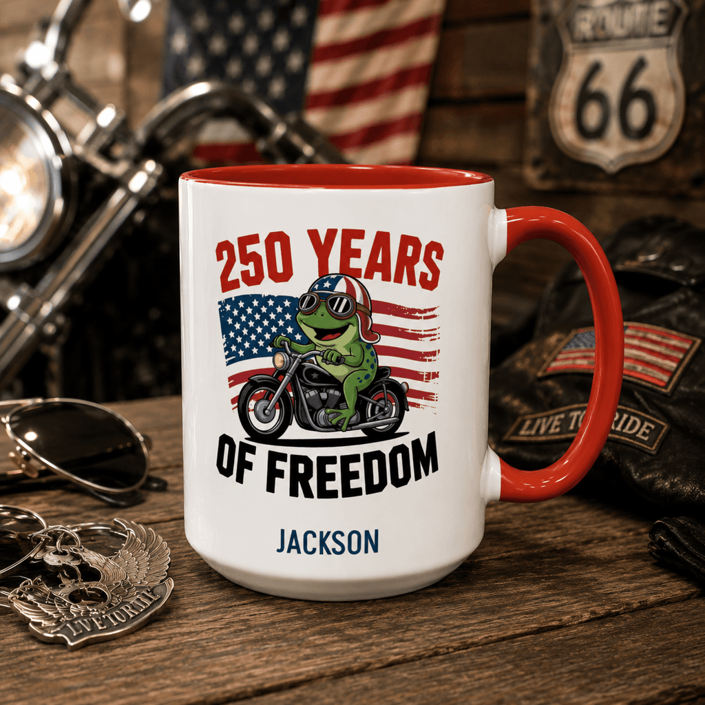 Personalized USA 250 accent mug frog biker design lifestyle photo gift idea