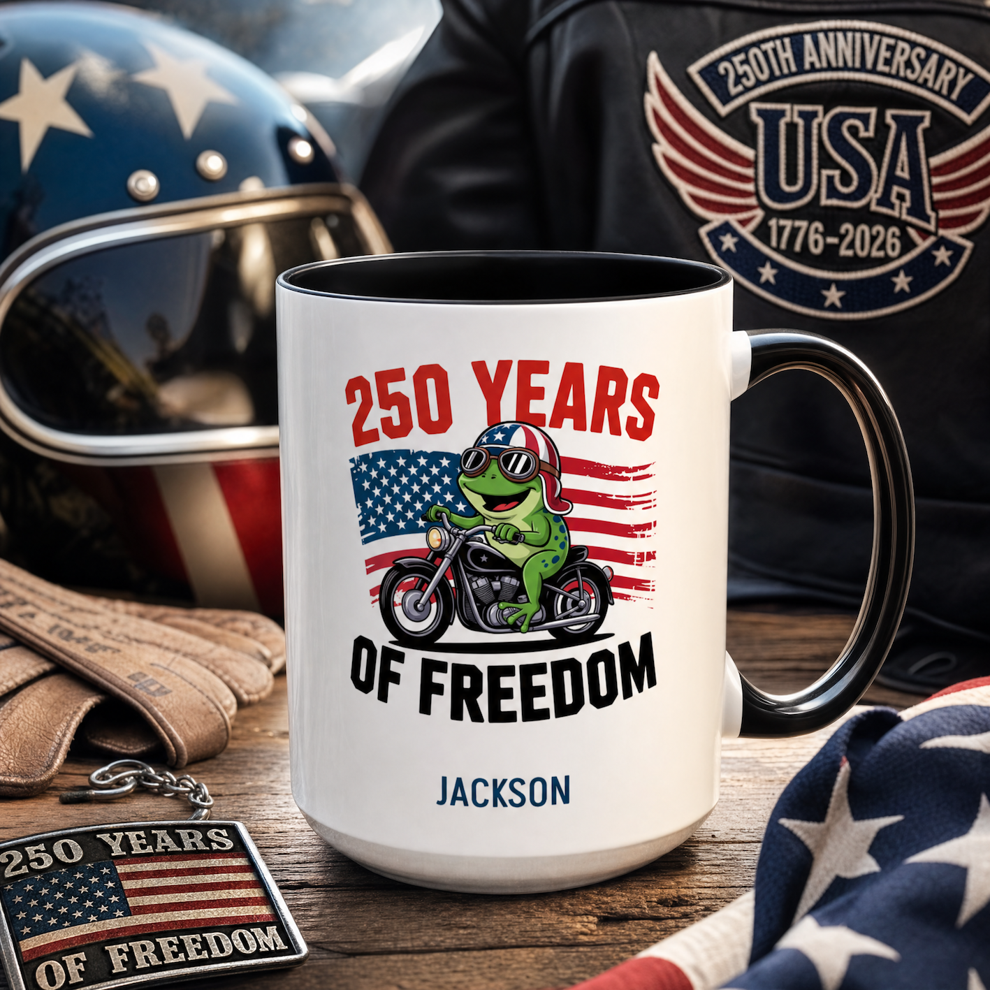Personalized 250 years freedom frog mug styled lifestyle shot 4th of July gift