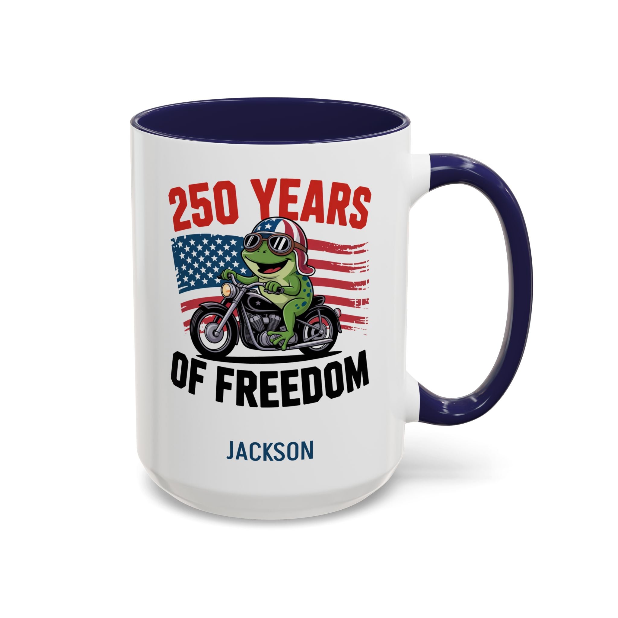 Personalized 250 Years of Freedom frog mug navy accent 15oz right side view custom name