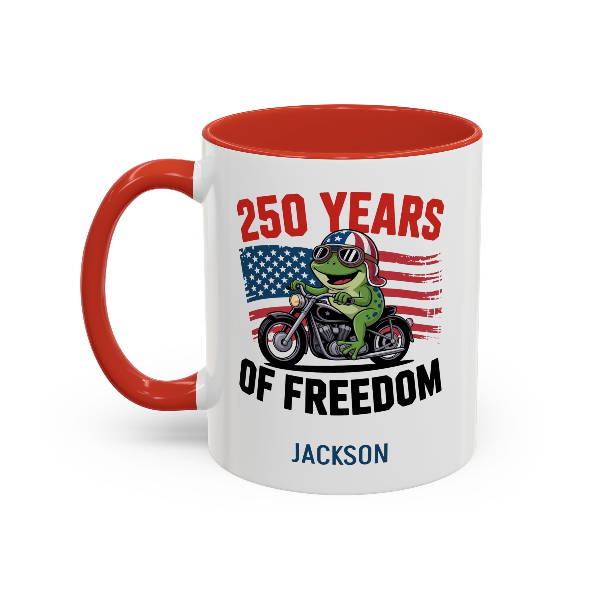 Personalized 250 Years of Freedom frog biker mug red accent 11oz right side view