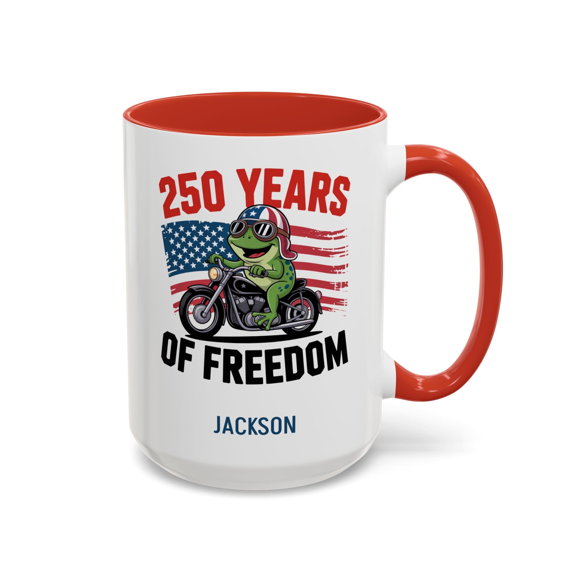 Personalized 250 Years of Freedom frog biker mug red accent 15oz right side view
