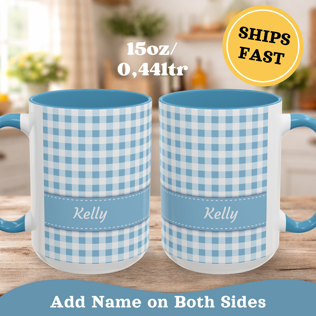 Personalized Gingham Blue Summer Mug, 11oz front view