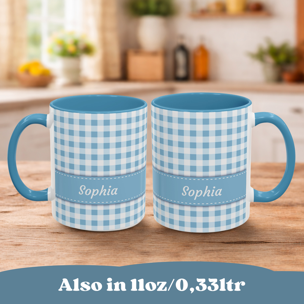 Personalized Gingham Blue Summer Mug, 15oz front view