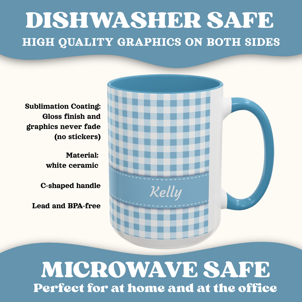 Personalized Gingham Blue Summer Mug, left side view