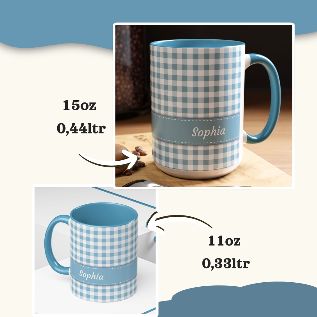 Personalized Gingham Blue Summer Mug, lifestyle photo on a kitchen counter