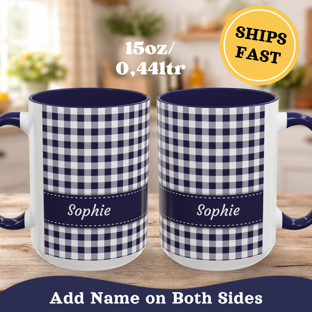 Personalized Gingham Navy Summer Mug, 11oz front view