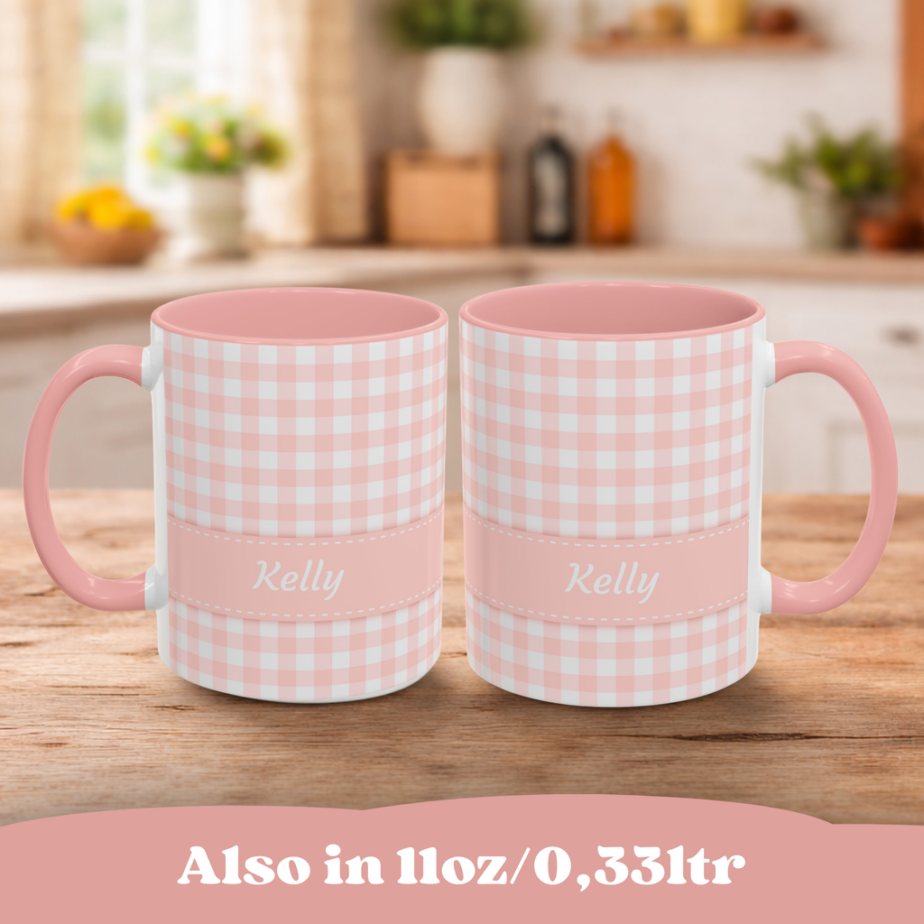 Personalized Gingham Pink Summer Mug, 15oz front view