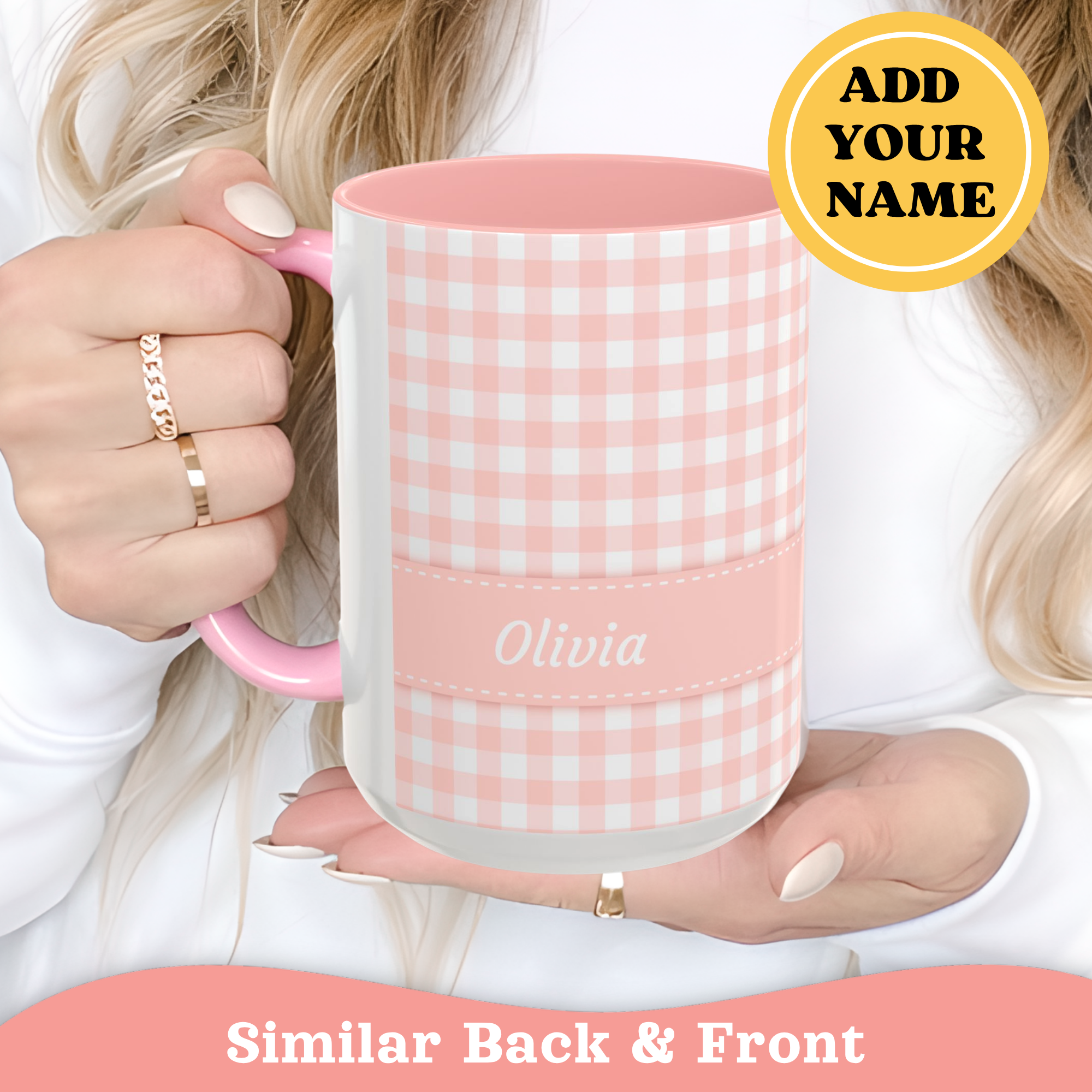 Personalized Gingham Pink Summer Mug, design close-up