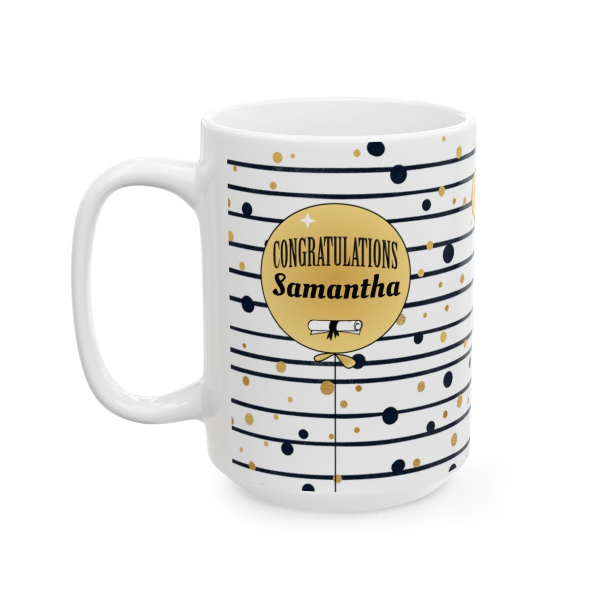 Personalized graduation mug gold balloon design 15oz left side view