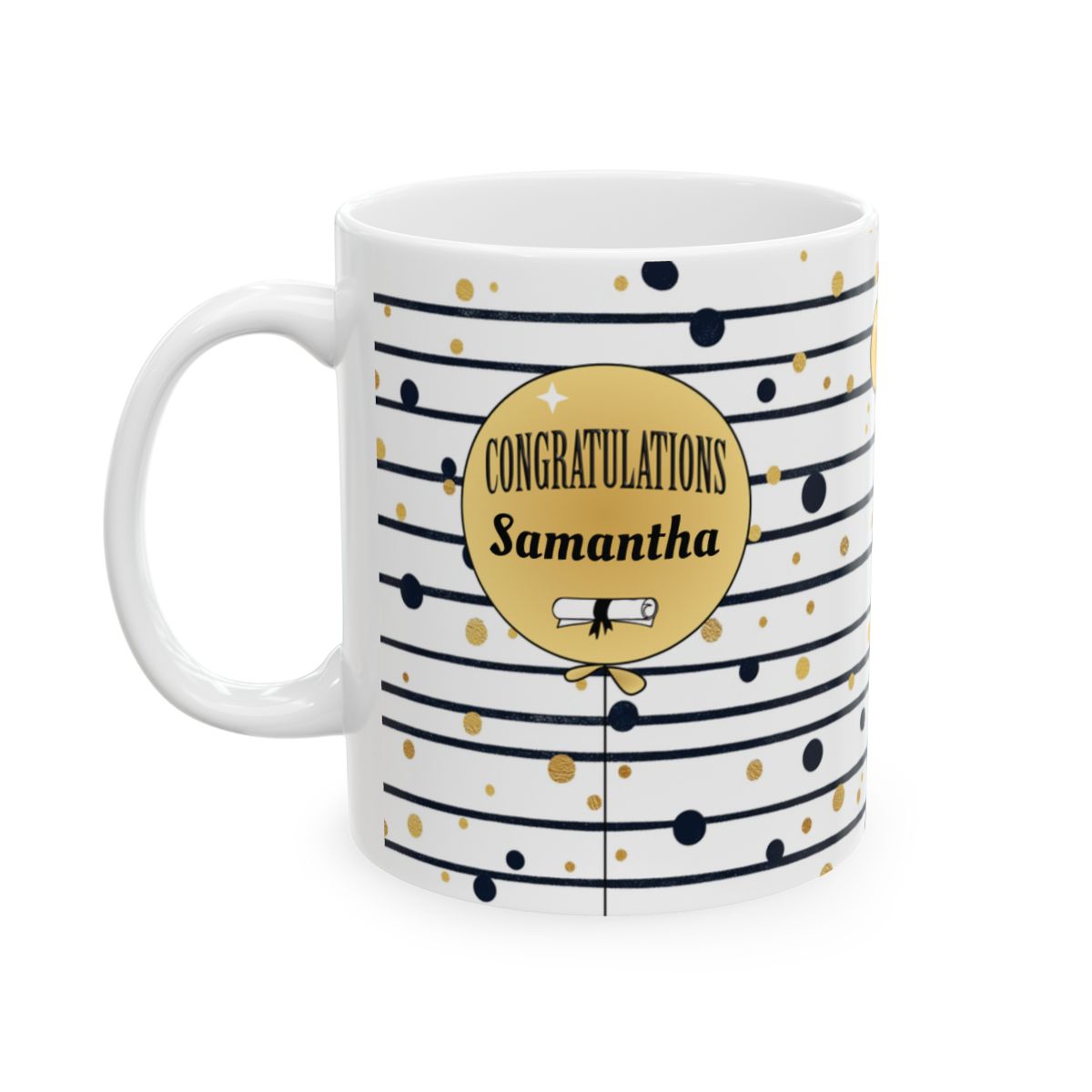 Personalized graduation mug gold balloon design 15oz left side view