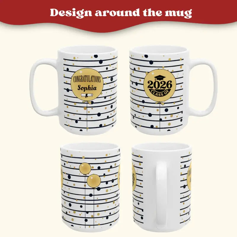 Personalized graduation mug gold balloon lifestyle mockup desk