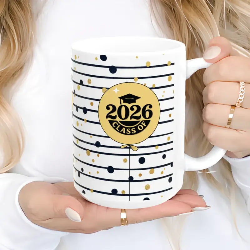Personalized graduation mug gold balloon lifestyle mockup kitchen