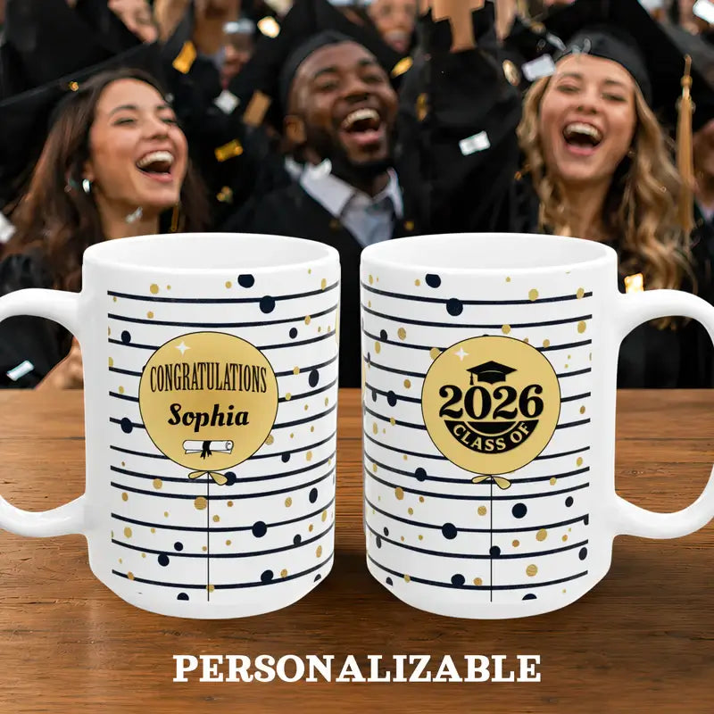 Personalized graduation mug gold balloon lifestyle mockup gift