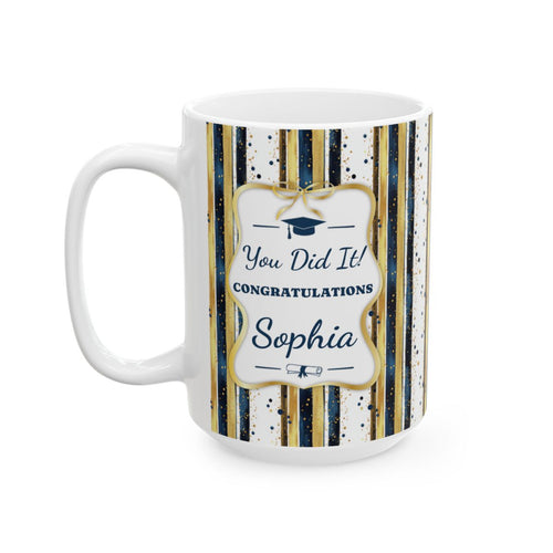 Personalized graduation mug navy gold stripe 15oz left side view