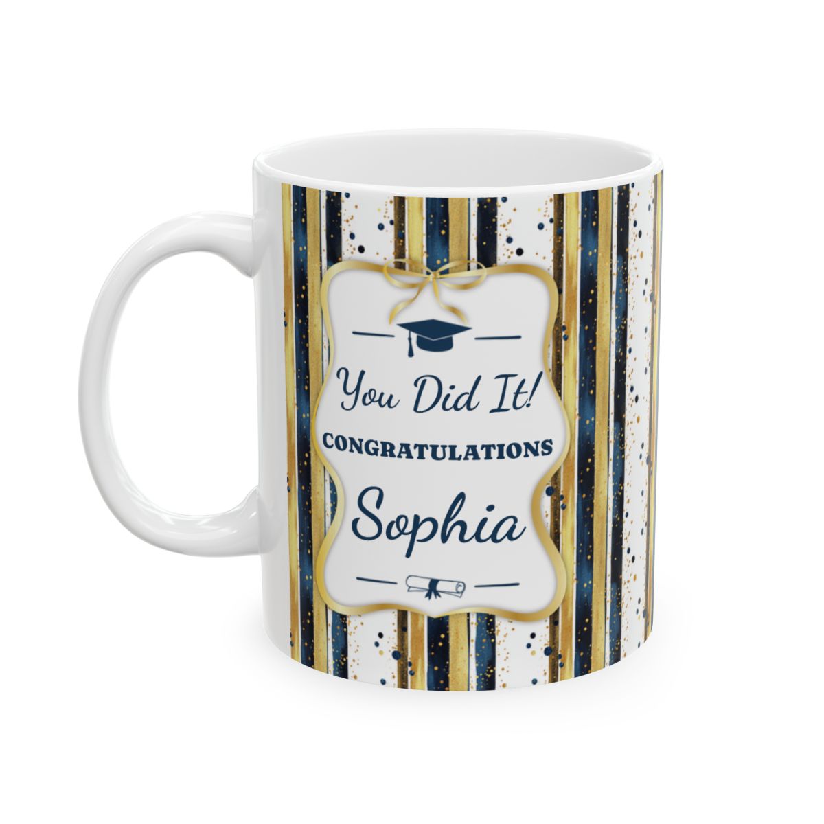 Personalized graduation mug navy gold stripe 15oz left side view