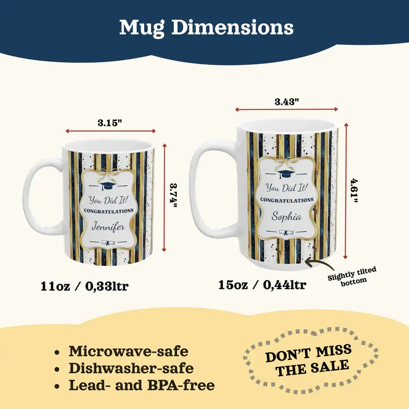 Personalized graduation mug navy gold stripe lifestyle mockup desk