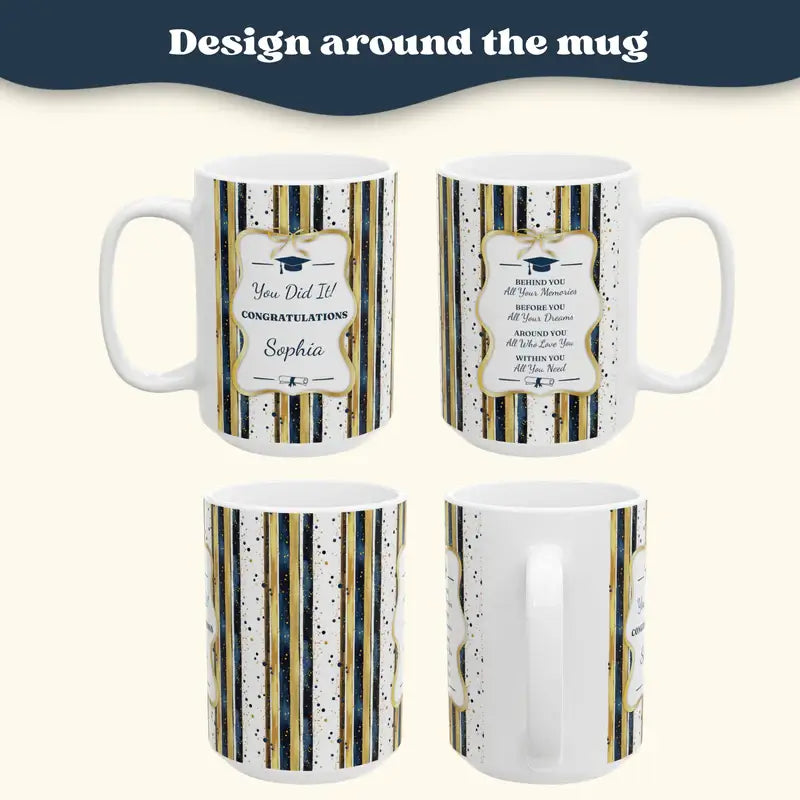 Personalized graduation mug navy gold stripe lifestyle mockup kitchen