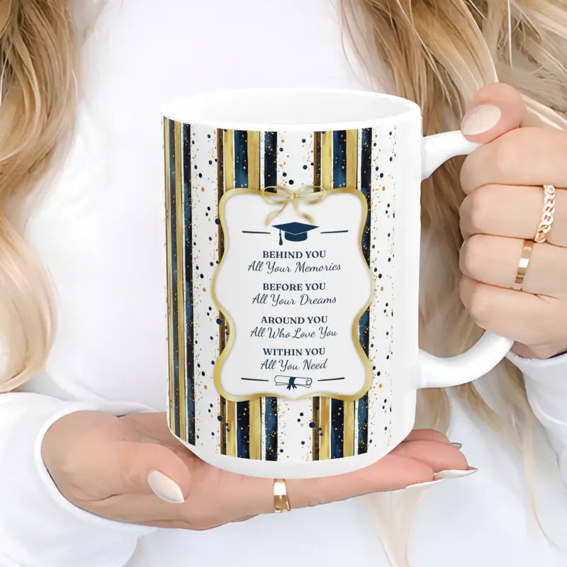 Personalized graduation mug navy gold stripe lifestyle mockup gift