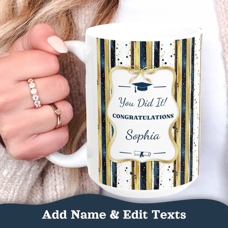 Personalized graduation mug navy gold stripe lifestyle mockup close-up