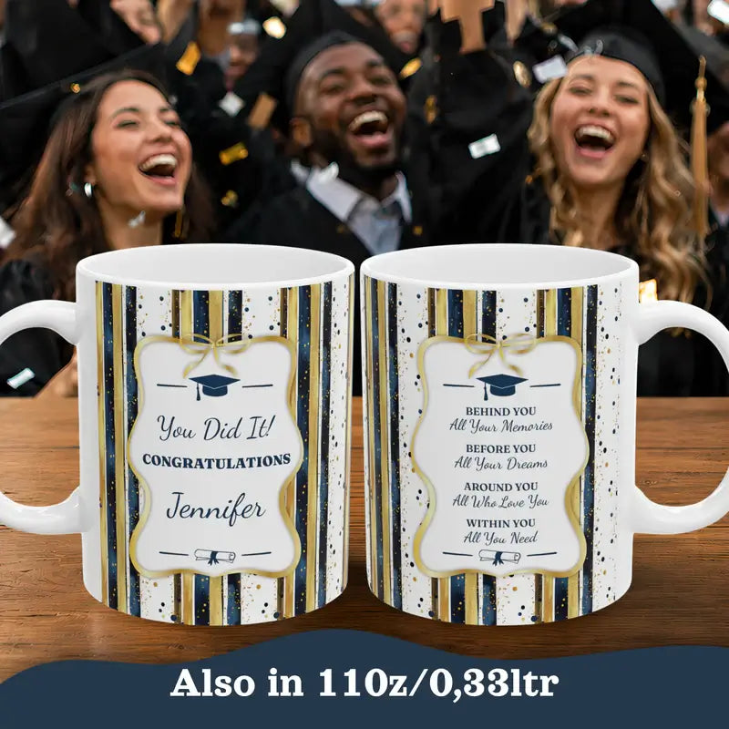 Personalized graduation mugs gift set on table with happy graduates celebrating