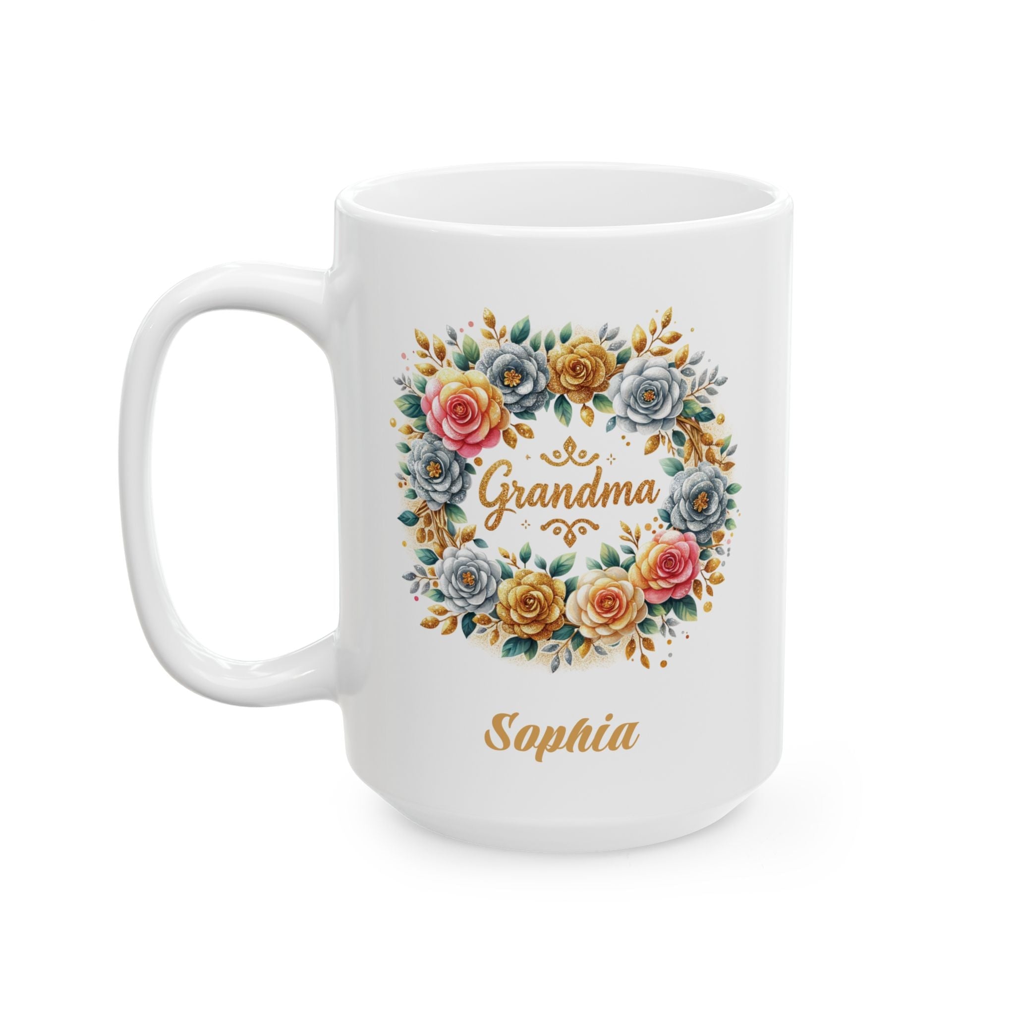 Personalized Grandma white mug floral wreath lifestyle photo Mother's Day gift