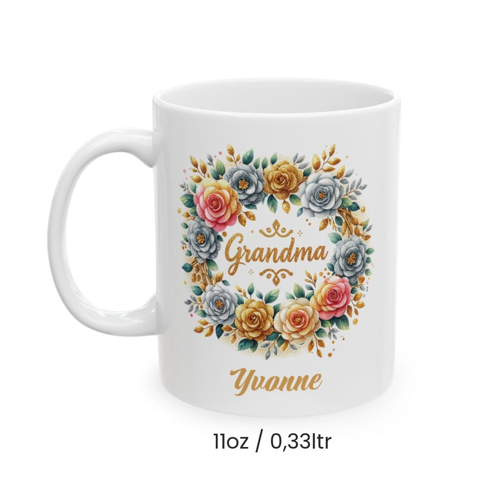 Personalized Grandma white mug gold floral wreath design 11oz view