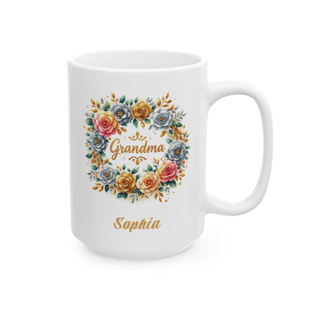 Personalized Grandma white mug gold floral wreath design 15oz right side view custom name
