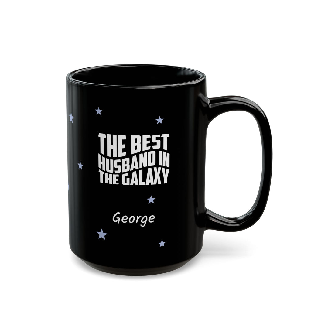 Personalized black husband mug with The Best Husband in the Galaxy text and stars