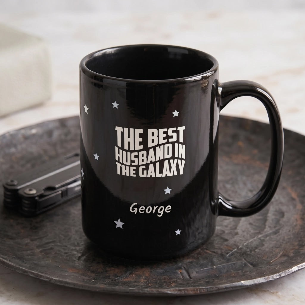 Personalized husband black mug galaxy design lifestyle mockup Valentine's Day gift idea