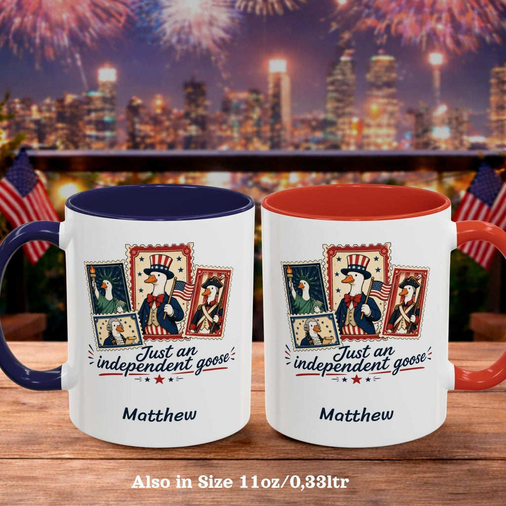 Personalized Just an Independent Goose navy accent mug lifestyle photo with custom name