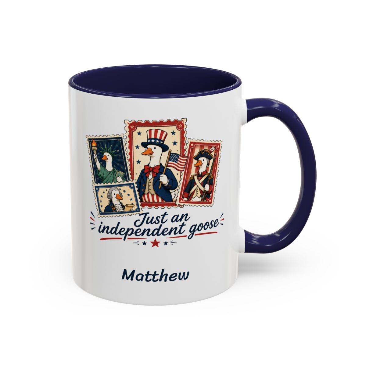 Personalized Just an Independent Goose navy accent mug 11oz right side view patriotic stamp design