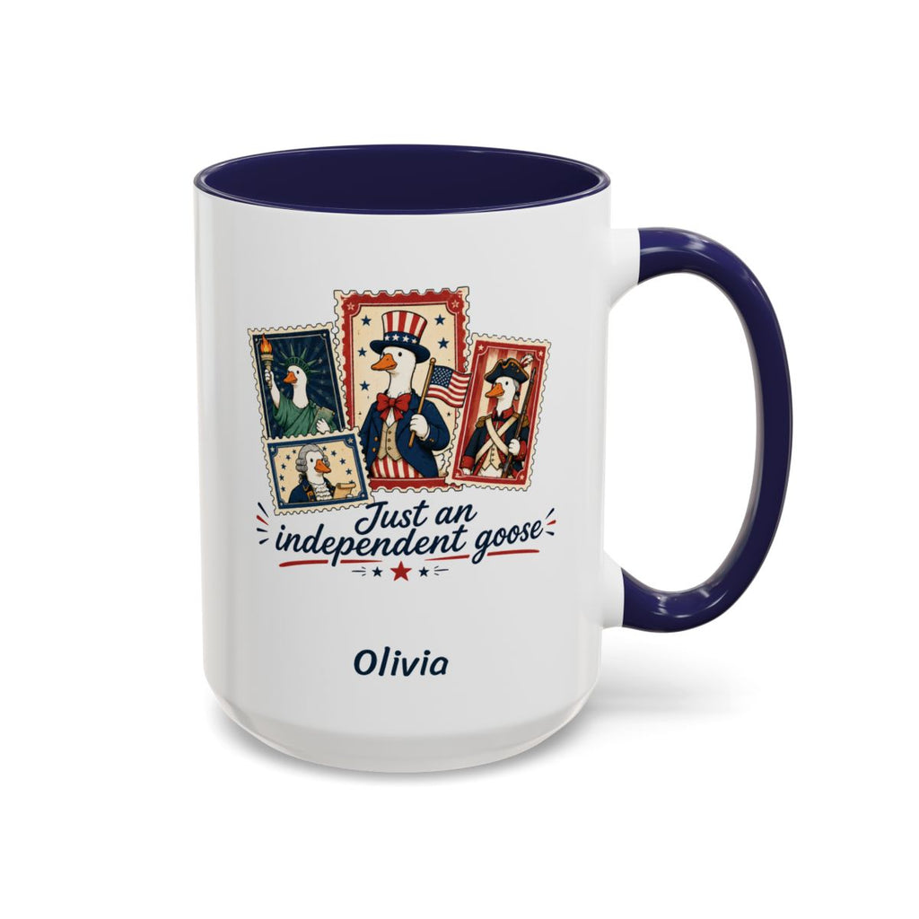 Personalized Just an Independent Goose navy accent mug 15oz right side view patriotic stamp design with custom name