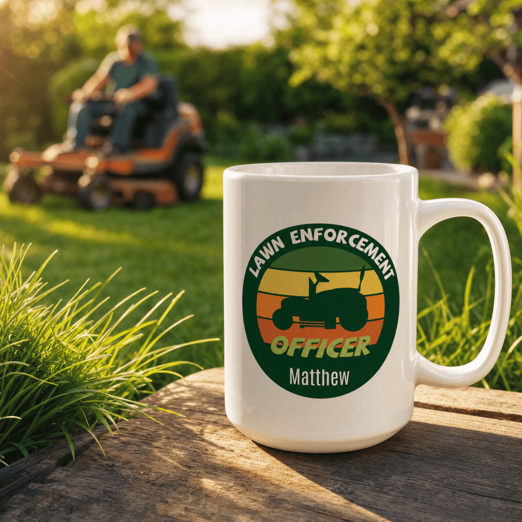 Personalized Lawn Enforcement Officer mug lifestyle mockup funny gardening gift