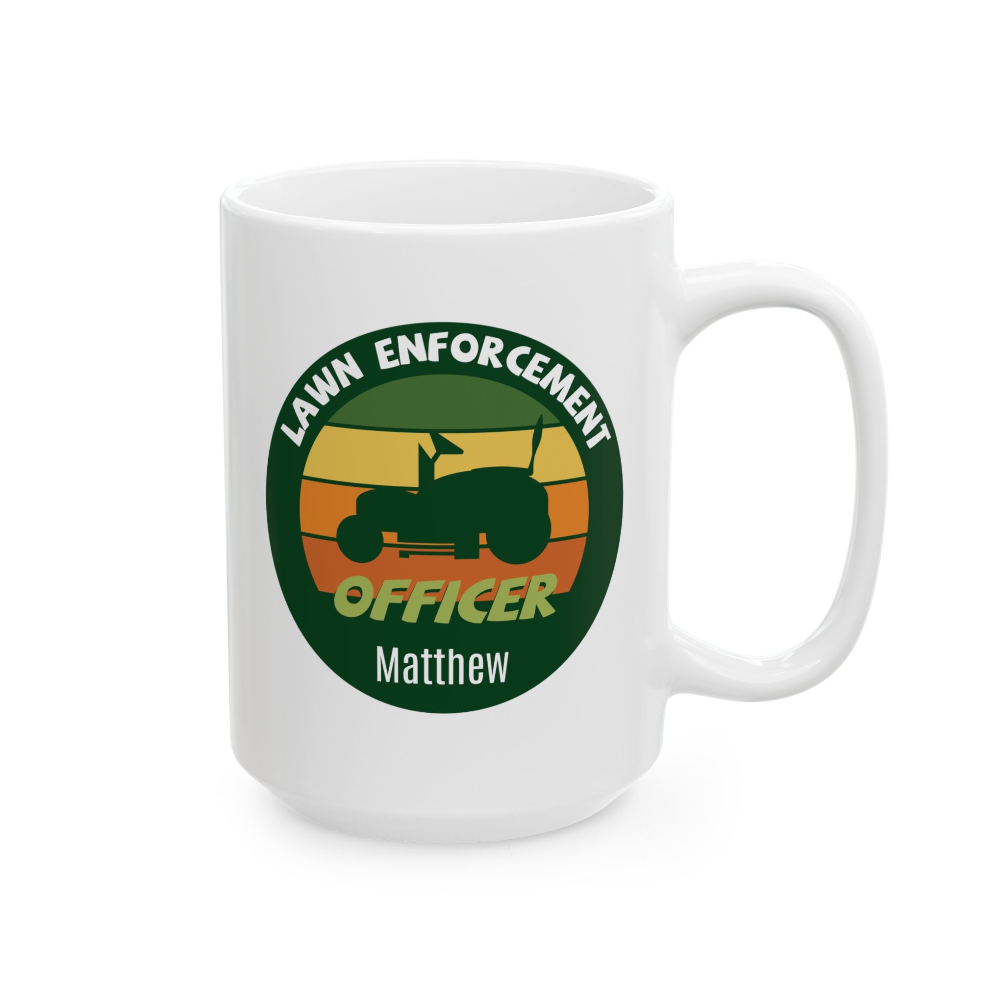 Personalized Lawn Enforcement Officer white mug 15oz right side view retro badge design custom name