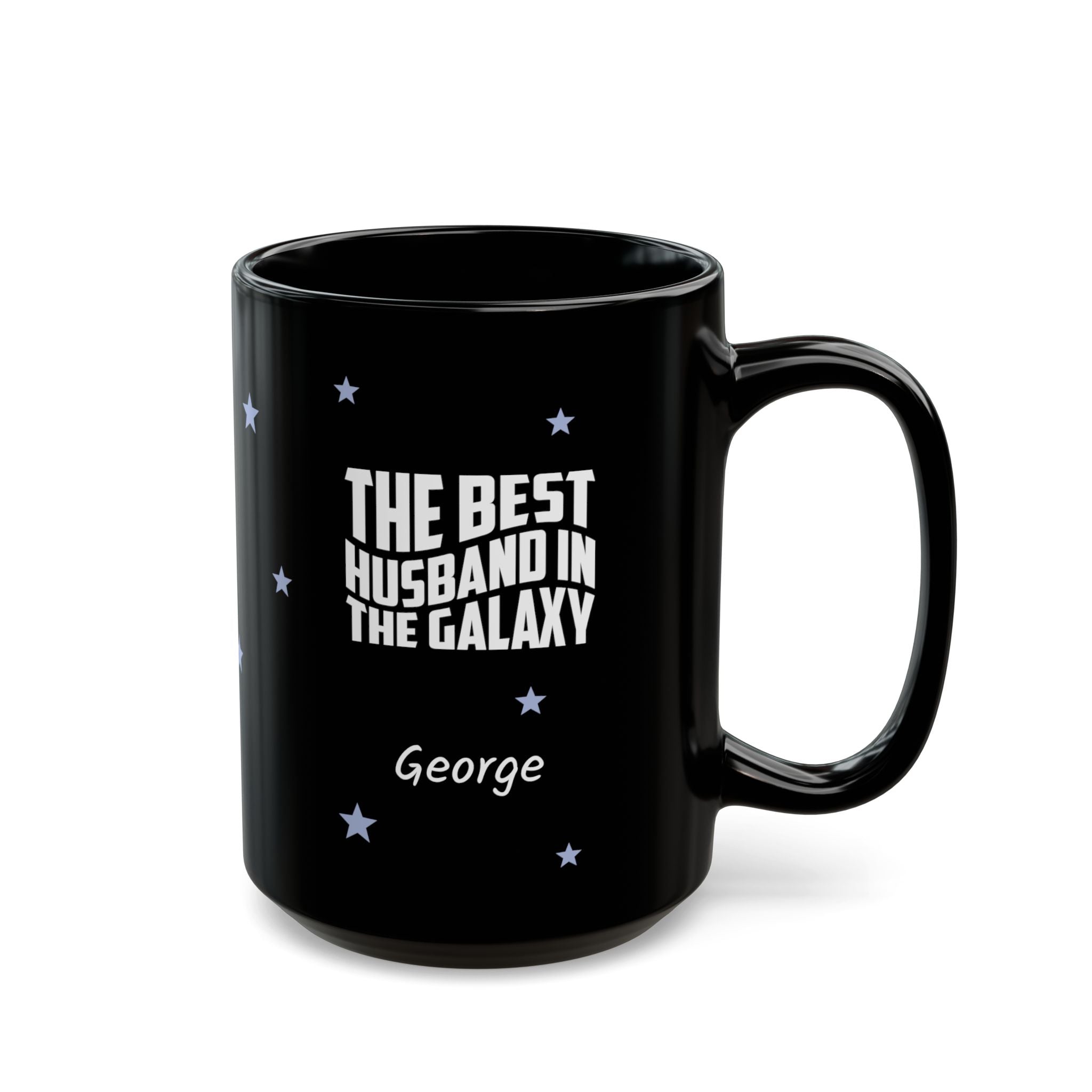 Personalized black husband mug with The Best Husband in the Galaxy text and stars