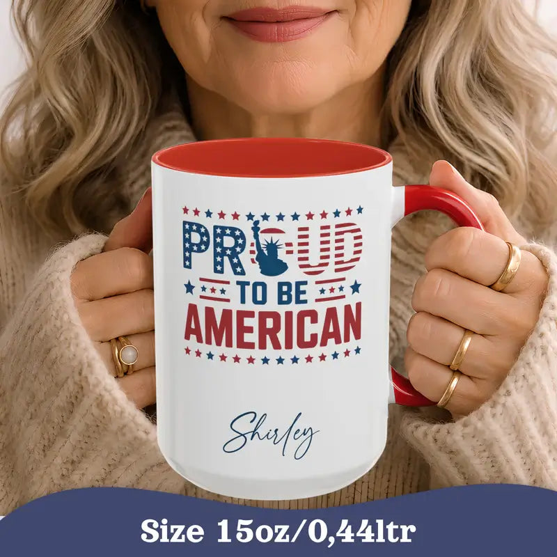 Personalized patriotic Proud to be American mug lifestyle mockup