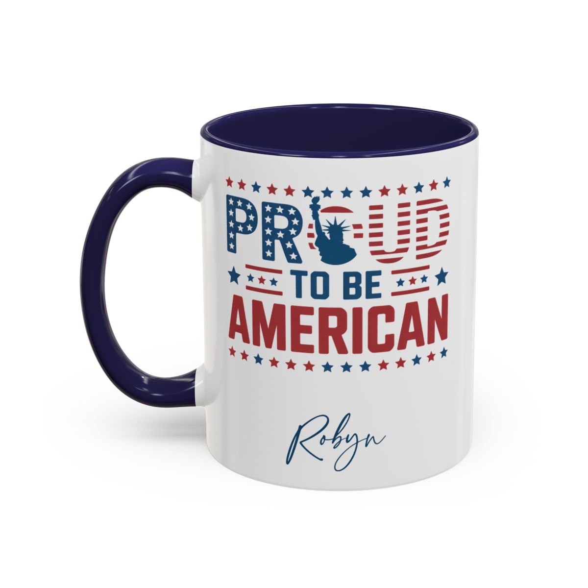 Personalized Proud to be American navy accent mug 11oz left side view