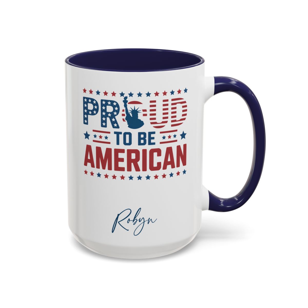 Personalized Proud to be American navy accent mug 15oz right side view