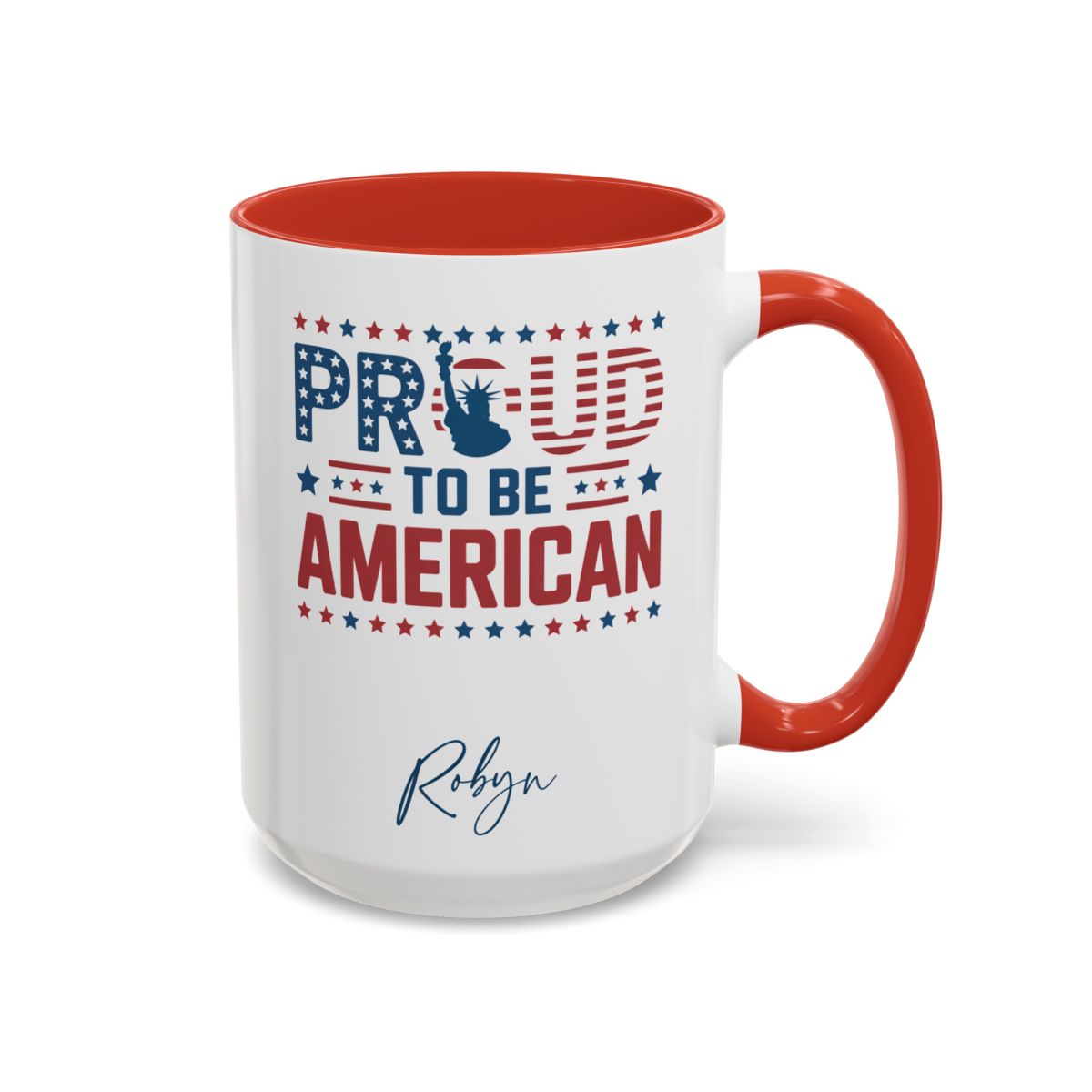 Personalized Proud to be American red accent mug 15oz right side view with custom name