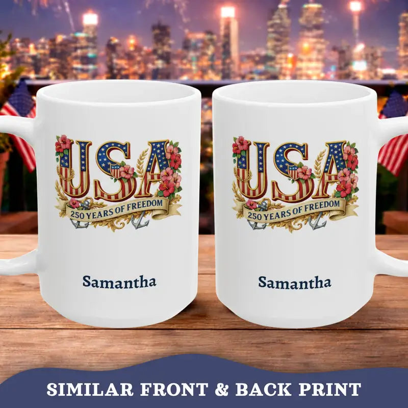 Personalized USA freedom mug 250th anniversary lifestyle shot