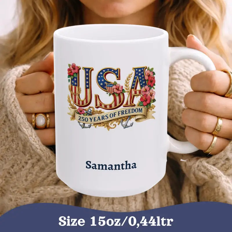 Custom name USA 250 Years of Freedom white ceramic mug lifestyle