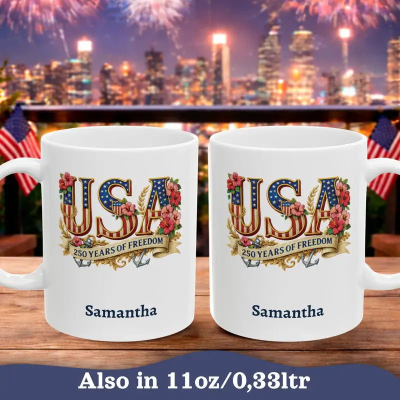 USA 250 Years of Freedom personalized mug styled lifestyle photo